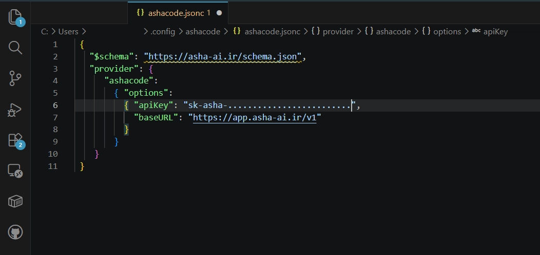 ویرایش فایل ashacode.jsonc و وارد کردن کلید آشا
